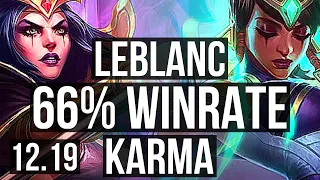 LEBLANC vs KARMA (MID) | 66% winrate, Legendary, 14/2/3 | EUW Challenger | 12.19