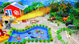 DIY tractor Farm Diorama with house for cow, fish pond, dragon attach, dragon firing, barn #16