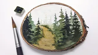 Easy watercolor forest path painting tutorial for beginners » How to paint pines trees on wood