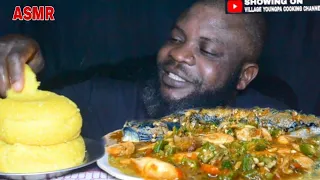 ASMR MUKBANG DELICIOUSE OKRA SOUP WITH MACKEREL FISH+ COW SKIN AND YELLOW GARRI FUFU/AFRICAN FOOD.