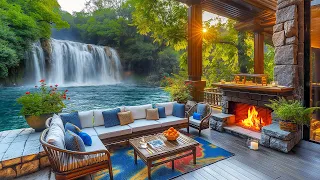 Relaxing  Jazz Music & Warm Fireplace Sounds ☕ Beautiful Porch Ambience Beside The Waterfall