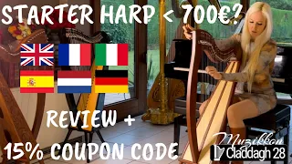 Low Cost Harp unboxing & review in 6 languages - Muzikkon 28 string Claddagh DISCOUNT CODE INCLUDED