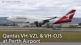 Qantas Airways (VH-VZL) departs and (VH-OJS) arrives on RW03 at Perth Airport.