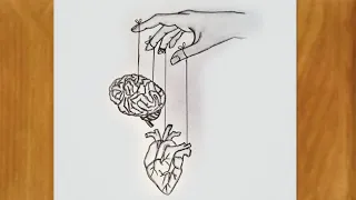 رسم سهل | رسم يد تعبيري مع قلب وعقل | رسم تعبيري