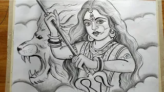 how to draw maa durga face & lion pencil sketch drawing for beginners step by step,maa durga drawing