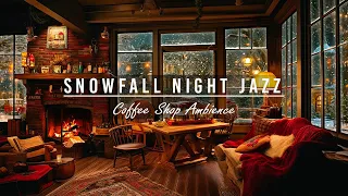 ☕Snow Night on Window with Coffee Shop Ambience And Relaxing Smooth Jazz Music | Snow Falling Jazz