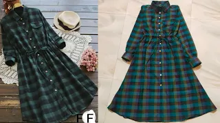 latest designer women shirt cutting and stitching | Button Through Drawstring plaid shirt dress