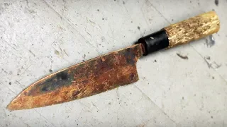 Rusty Japanese kitchen KNIFE RESTORATION with secret wood handle