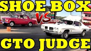 FAST SHOE BOX vs Ram Air III GTO Judge !!  Studebaker Lark R2 vs 70 GTO Judge - Drag Race - RoadTest