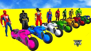 Spiderman Motorbikes Challenge on Mega Ramps Superheroes Team Hulk Avengers Motorcycles Race - GTA 5