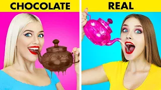 REAL vs CHOCOLATE FOOD Challenge For 24 Hours || Last To STOP Eating Wins! Taste Test by RATATA COOL