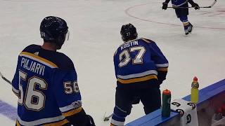 Klim Kostin and the rest of the Blues at pregame skating (Sept. 23, 2017).