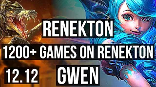 RENEKTON vs GWEN (TOP) | 8 solo kills, 1200+ games, 1.5M mastery, 11/2/2 | KR Challenger | 12.12