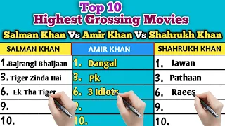 Top 10 Highest Grossing Movies Salman Khan Vs Amir Khan Vs Shahrukh Khan #Jawan #tiger3 #dangal