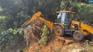 Passing through Mountain Village, River and Forest-JCB Backhoe Making New Road