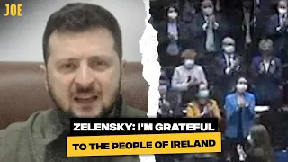 Ukrainian President Volodymyr Zelensky receives standing ovation from the Oireachtas