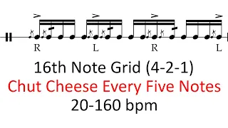 Chut cheese every five notes | 20-160 bpm play-along 16th note grid drum practice sheet music