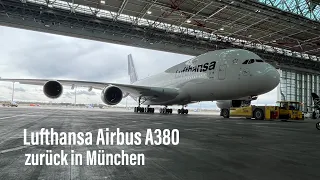 reaktivierter Airbus A380-841 D-AIMK zurück in München - 1. Landung am 12.04.2023