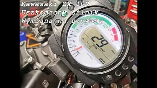 Kawasaki ZX 10R, uszkodzony silnik po przygodzie w trasie. Wymiana pieca na "nowy".