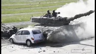 Car vs Main Battle Tank: Leopard 2A4 rams into cars at full speed