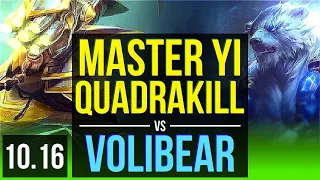 MASTER YI vs VOLIBEAR (JUNGLE) | Quadrakill, KDA 18/0/0, Rank 13 Master Yi | EUW Master | v10.16