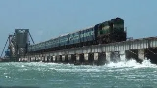 Train crossing Pamban bridge and Palk Strait to Rameswaram.