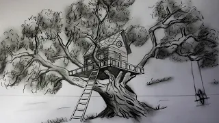 How to Draw A Realistic Tree House in 2 Point Perspective. Easy Tree House Draw for Kids.