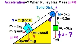 Physics 13.1  Moment of Inertia Application (8 of 11) Acceleration=? When Pulley Has Mass (mu=0)