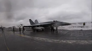 FA-18s launching off catapults 3 and 4