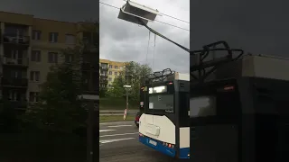 Trolleybus in Gdynia, Poland reconnects to the overhead wire after running off the grid