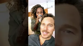 Chris Pratt and Dewanda Wise on the set of Jurassic World Dominion