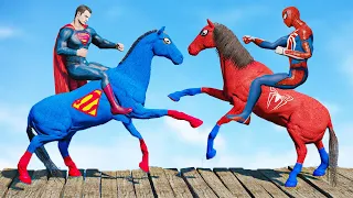 حصان الأبطال الخارقين على حلبة سباق باركور - Superheroes Ride on Animals Horse Racing Funny Moments