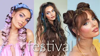 Trying 2010s Festival Hairstyles 🌈 Feather Extensions & Glitter Space Buns!!