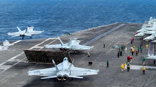 Hypnotic US F-18s Take-off From Gigantic AirCraft Carrier in Middle of the Ocean