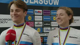 Marlen Reusser & Mauro Schmid - Interview at the finish -Mixed TTT Glasgow  World Championships 2023