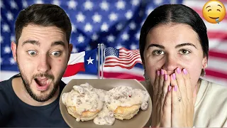 Brits try Biscuits & Gravy in America for the first time!