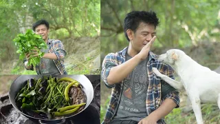 A lot of water spinach beside the river free from nature | I cooked simple but nutritious food