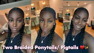 How To: TWO Sleek Braided Ponytails/Pigtails w/ Braiding Hair 🫶🏾