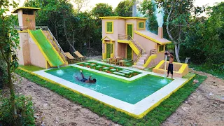 Build Creative Villa House ,Water Slide park Swimming Pool With Fish Pool & Well Design In Forest