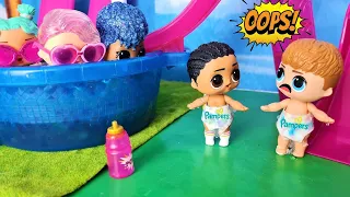 WHY ARE THE BOYS IN DIAPERS? LOL surprise dolls in the pool with orbiz and jelly buff. Funny dolls