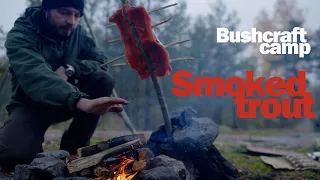 Bushcraft camp and fishing by the lake | Smoked trout on a campfire in nature | ASMR hiking