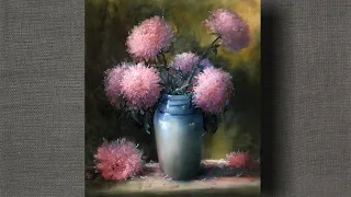Chrysanthemums. Timelaps oil painting