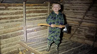 Primitive Shelter Camping - Bushcraft Log Cabin in Rain Storm