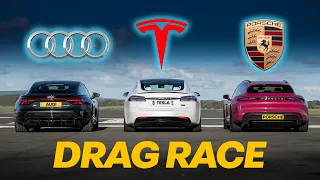 Tesla Model S Plaid TRACK PACKAGE vs Taycan Turbo S vs RS e-Tron GT: DRAG RACE | 4K