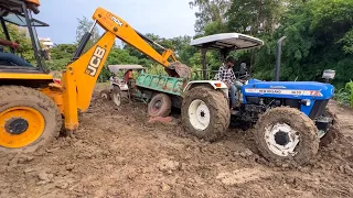 Eicher 242 Stuck | New Holland 3630 | Mahindra NOVO | JCB 3dx Loading Sand & 40mm Stones in Trolley