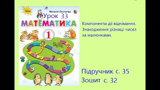 Математика 1 клас Урок 33 с 35 Листопад Компоненти дії віднімання Знаходження різниці чисел