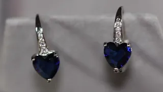 Sapphire blue diamond heart earrings, Blue diamond heart earrings, Blue diamond heart hoop earrings