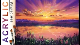 "Lake sunset with rays of sun" How to paint landscape🎨ACRYLIC tutorial DEMO