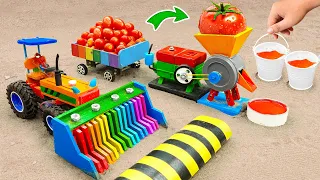 Diy tractor mini Bulldozer transporting Tomatoes | diy mini Grinder Machine making Ketchup | HP Mini