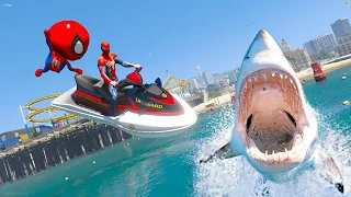 MANOBRAS DE JETSKI COM HOMEM ARANHA E SEU FILHO VS TUBAROES NO GTA 5 !!! 🦈